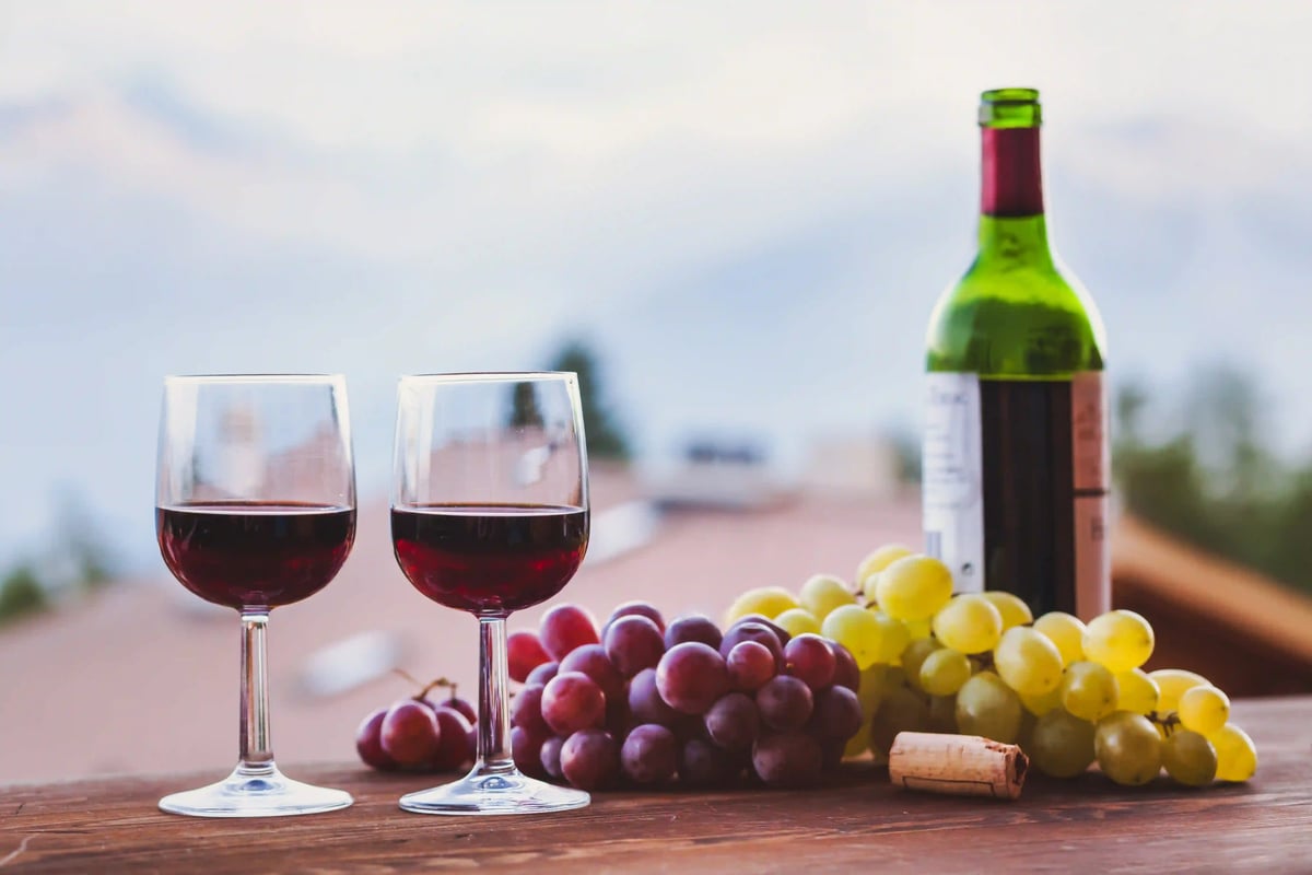 Deux verres de vin rouge posés avec des grappes de raisin et une bouteille sur une table en bois avec paysage flou en arrière plan