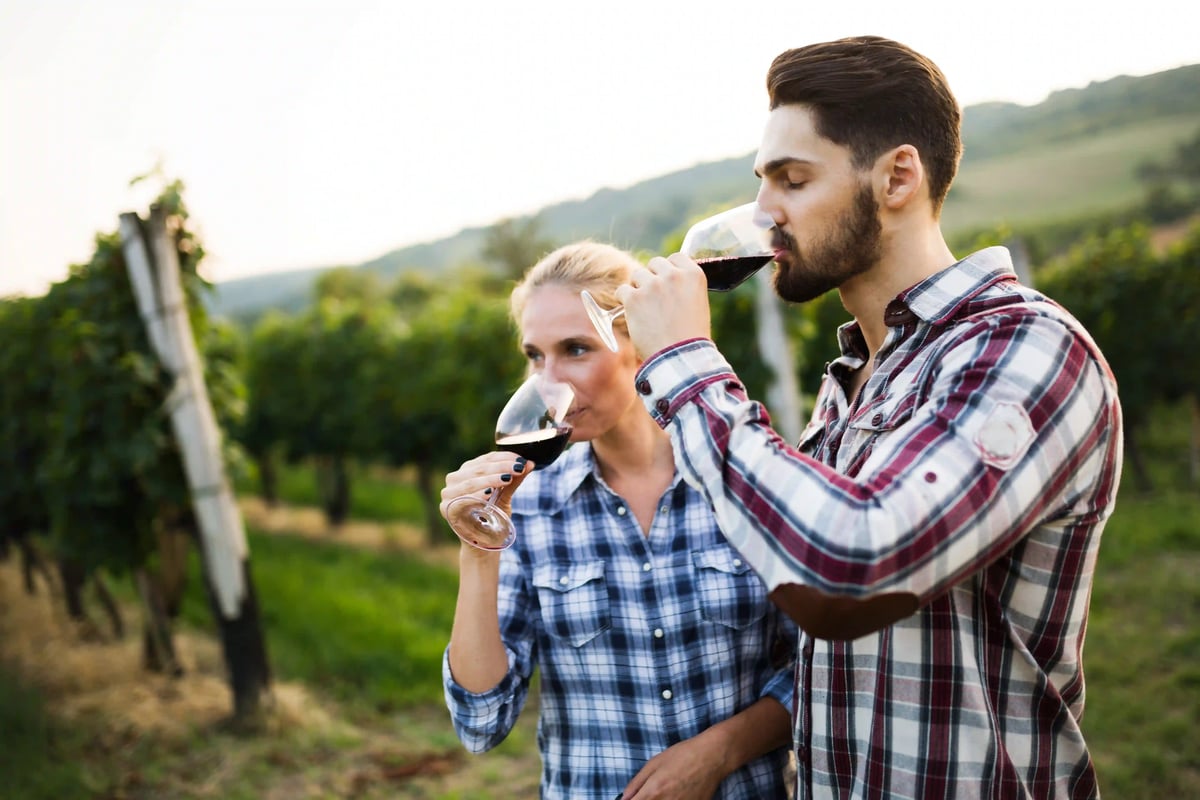 Couple dégustant du vin dans un vignoble en Corse par temps ensoleillé