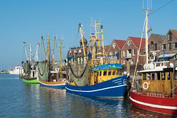 Bunte Krabbenkutter liegen im Hafen von Ostfriesland vor traditionellen Backsteinhäusern
