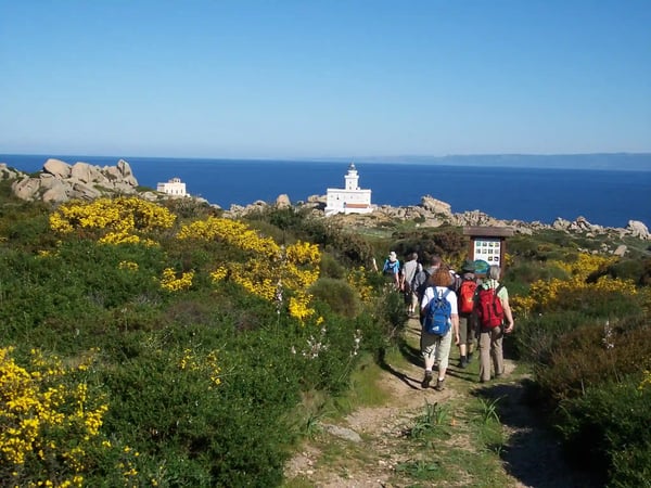 Wandergruppe auf Küstenpfad bei Capo Testa mit Blick auf das Mittelmeer