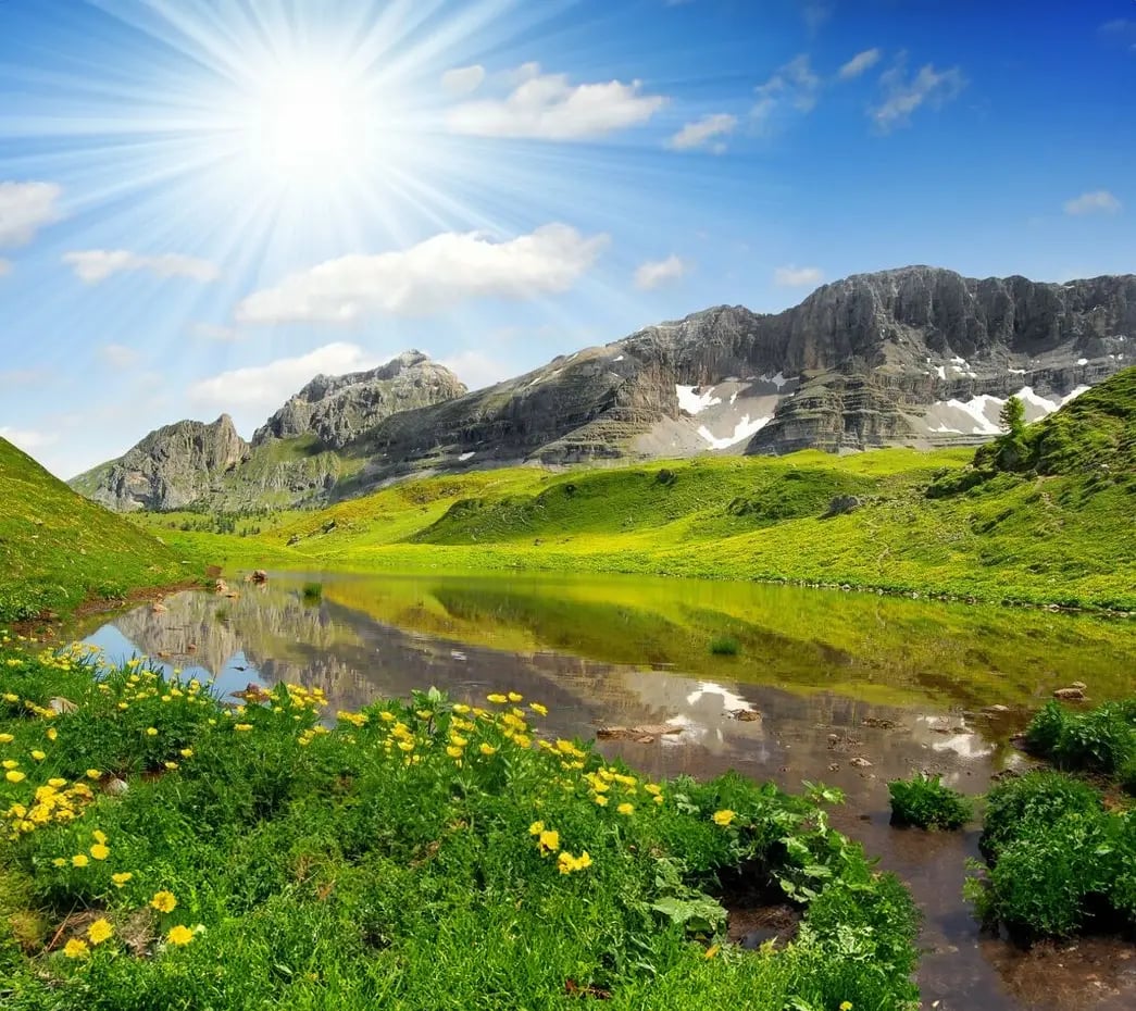 Lac alpin avec reflet clair des montagnes, prairie verte et fleurs jaunes sous un soleil rayonnant