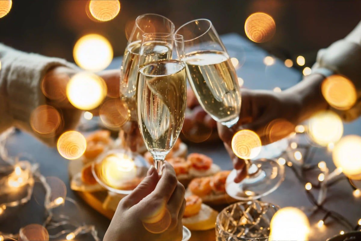 Mehrere Personen stossen mit Sektgläsern bei einem festlichen Silvesteressen an