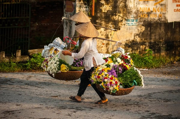 Frau mit traditionellem Hut trägt Körbe voller Blumen durch eine Strasse