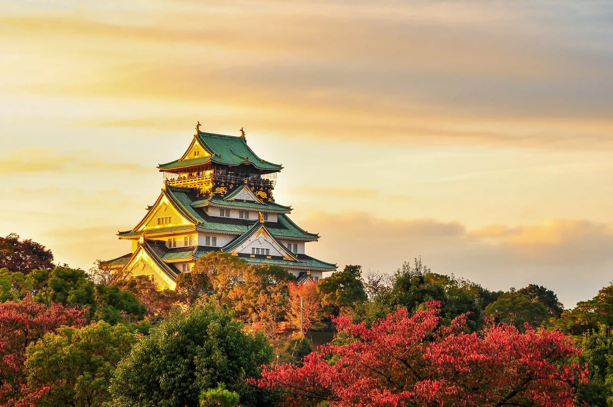 Historische Burg von Osaka umgeben von Bäumen im warmen Abendlicht