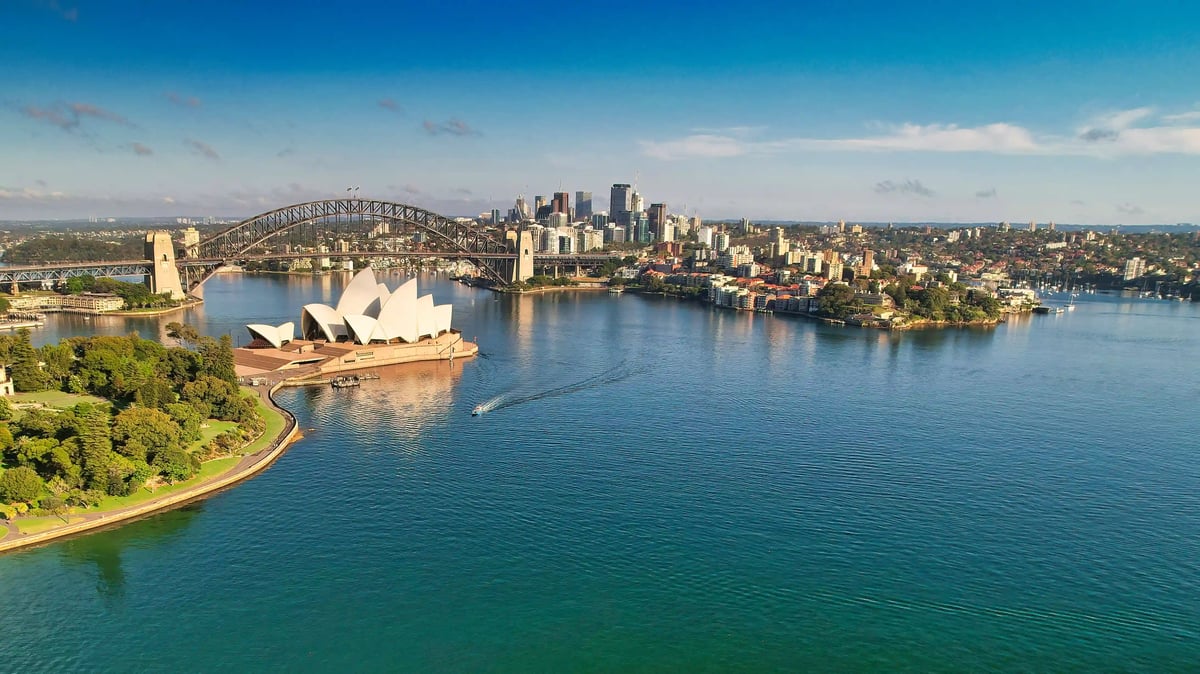 Luftaufnahme des Hafens von Sydney mit Opernhaus, Harbour Bridge und Stadtpanorama