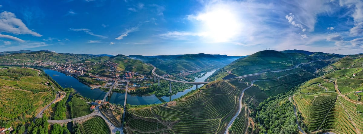 Vue panoramique sur la vallée du Douro avec fleuve, vignobles en terrasses, ponts et collines verdoyantes sous un ciel bleu