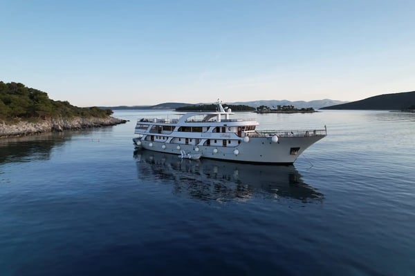 Aussenansicht eines weissen Kreuzfahrtschiffes auf ruhigem Meer vor bewaldeter Küste