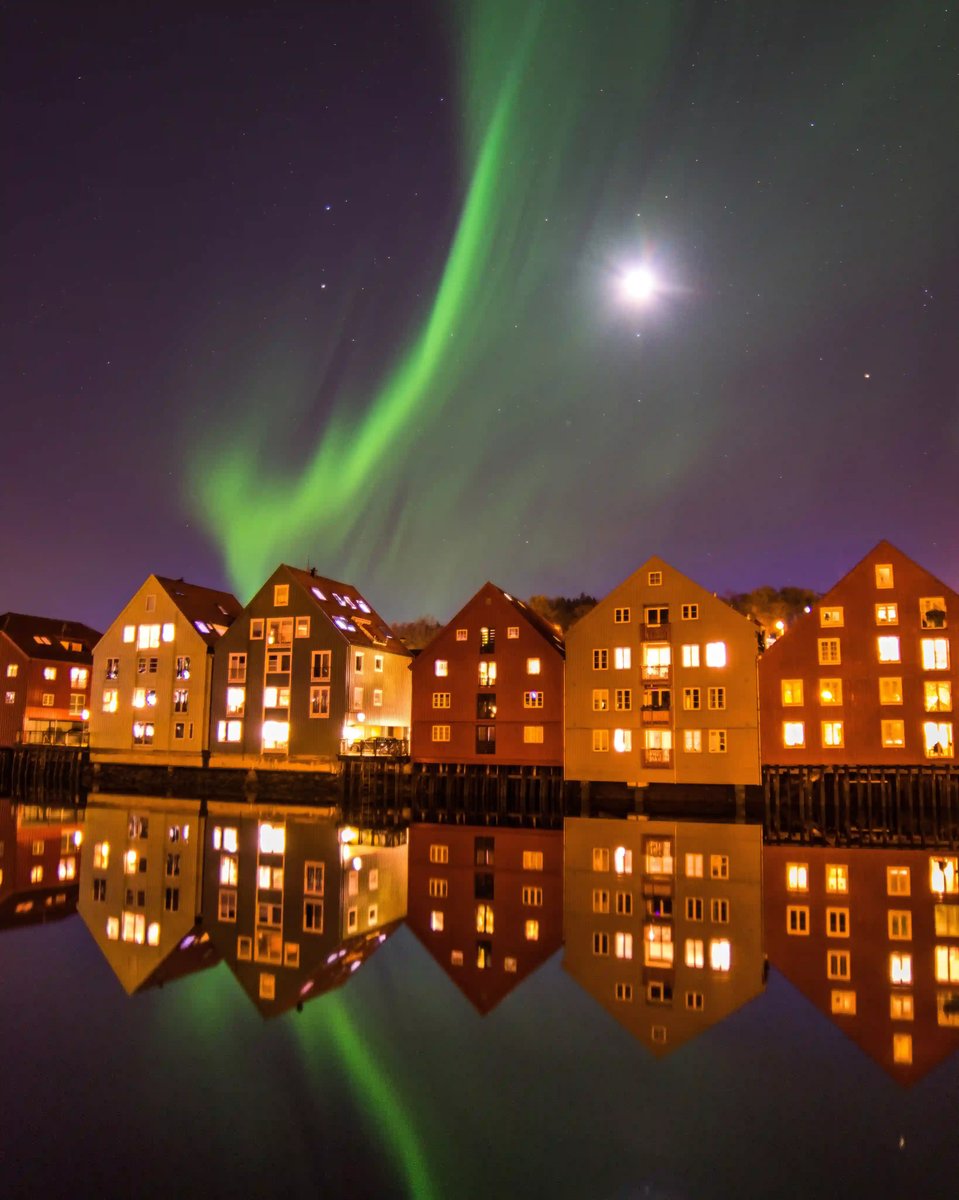 Grüne Polarlichter am Nachthimmel über beleuchteten Hafenhäusern mit Spiegelungen im ruhigen Wasser