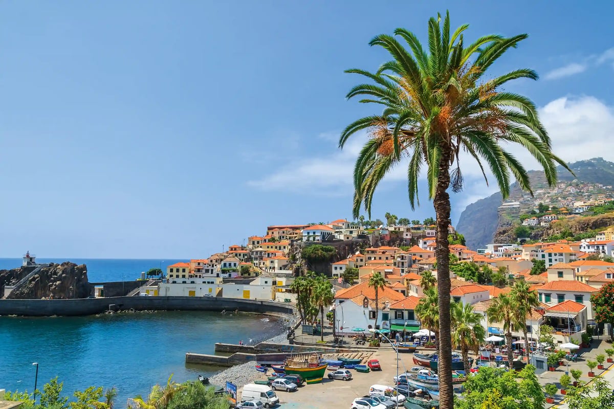 Küstenort mit bunten Häusern, Palmen und kleinem Hafen am Meer auf Madeira