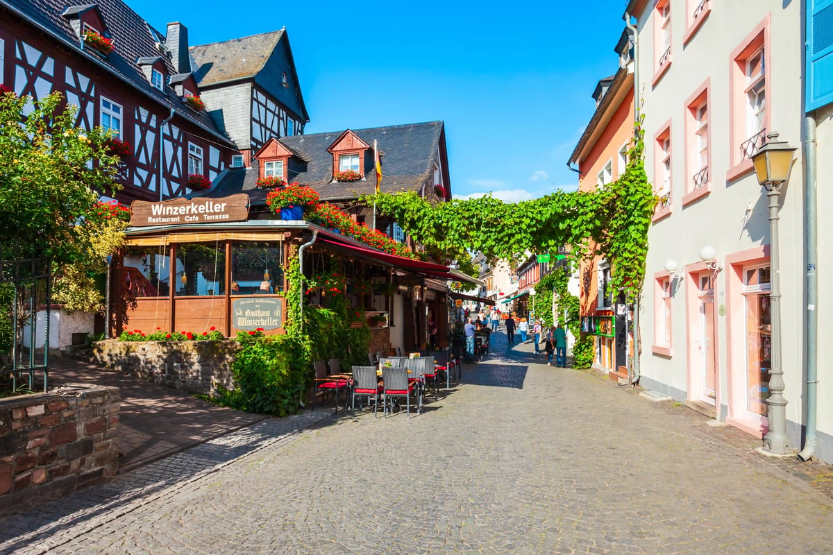 Ruelle étroite à Rudesheim avec terrasse de restaurant, fleurs et vignes formant un toit de verdure au-dessus du passage; des personnes se promènent entre les maisons.
