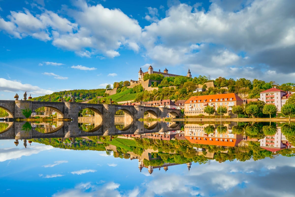 Vue en hauteur sur Würzburg : le Main traverse la ville, un pont enjambe le fleuve et, à droite, deux clochers dominent les toits.