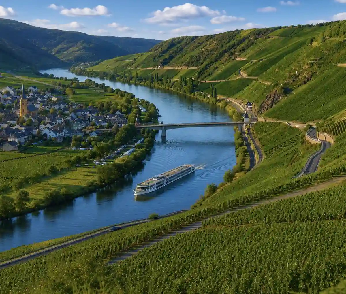 Flusskreuzfahrtschiff auf der Mosel zwischen steilen Weinbergen und idyllischen Dörfern