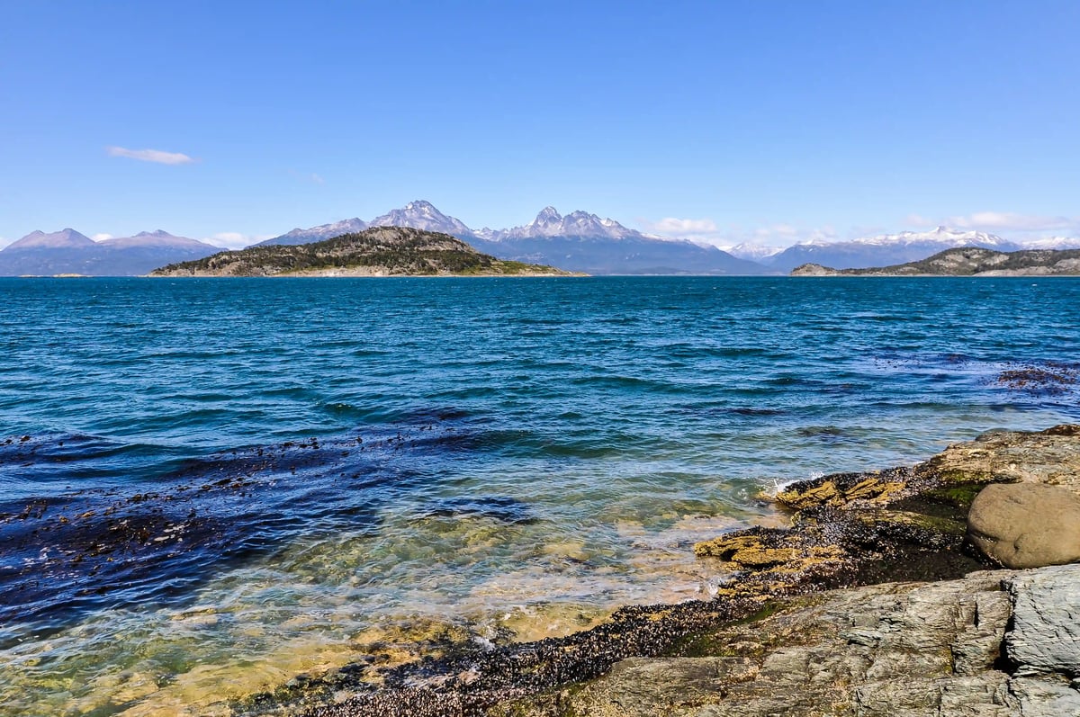 Klarer Blick über den Beagle-Kanal mit blauem Wasser, felsiger Kueste und schneebedeckten Bergen im Hintergrund unter wolkenlosem Himmel