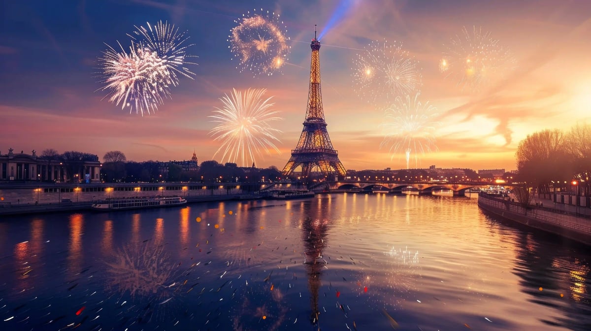 Weites Panorama von Paris mit dem Eiffelturm im Zentrum unter einem dramatischen Abendhimmel.