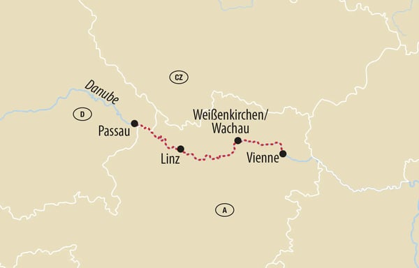 Carte du Danube montrant l’itinéraire de Passau via Linz et la Wachau jusqu’à Vienne