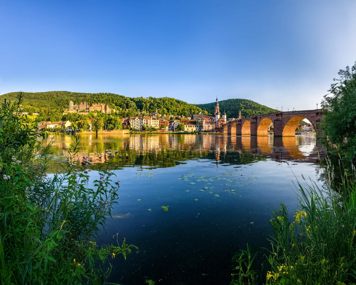 Blick über den Neckar auf die Alte Brücke in Heidelberg, mit Altstadt und bewaldeten Hügeln im warmen Abendlicht