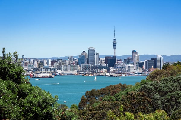 Blick auf die Skyline von Auckland mit Hafen, Hochhäusern und Sky Tower bei klarem Himmel