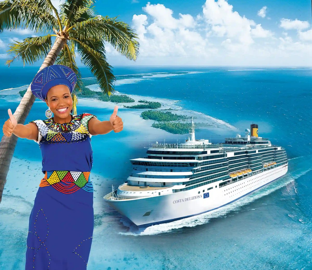 Kreuzfahrtschiff auf türkisblauem Meer vor tropischer Insel, im Vordergrund lächelnde Frau in traditioneller Kleidung