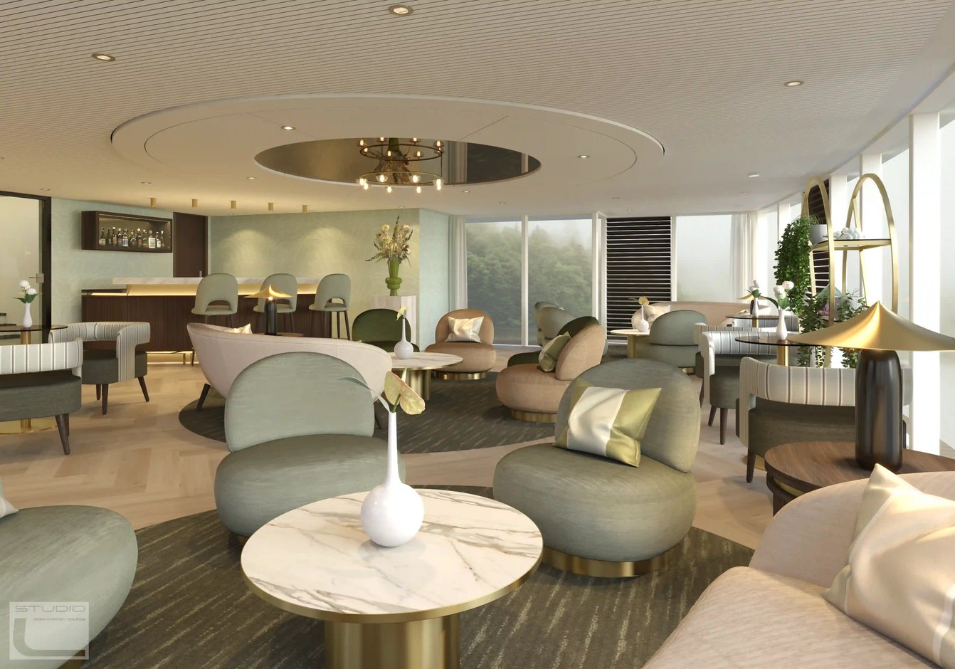 Salon élégant avec fauteuils confortables, tables en marbre et bar à bord d’un bateau de croisière fluviale moderne