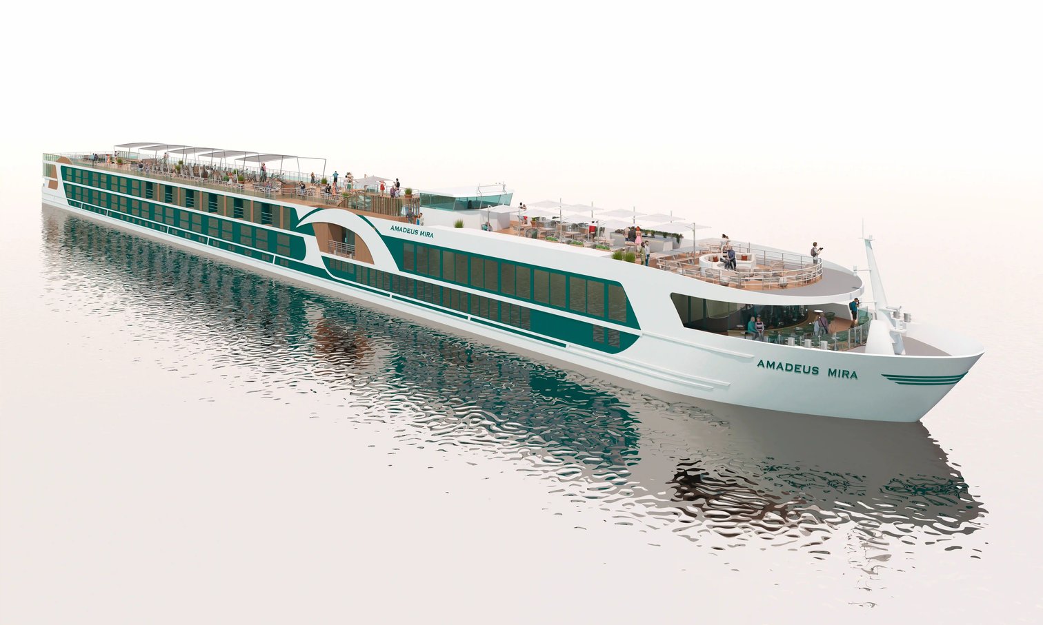 Vue latérale du bateau de croisière fluviale AMADEUS Mira avec pont soleil spacieux et larges baies vitrées
