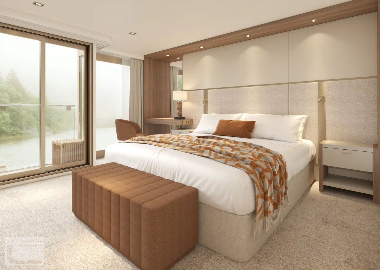 Cabine lumineuse avec lit double, espace salon et balcon privé donnant sur le fleuve