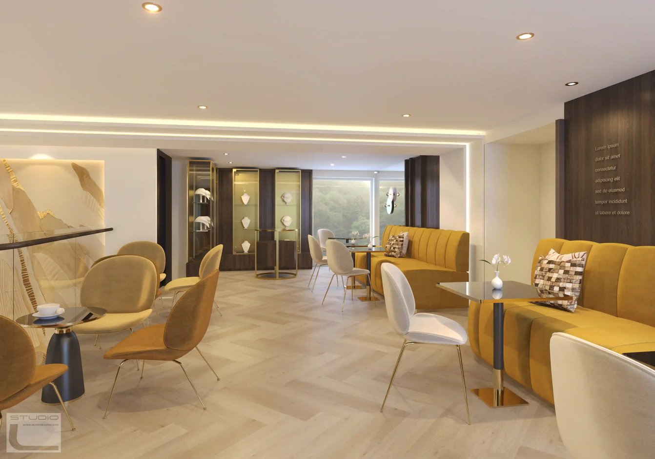 Salon moderne avec espaces de détente confortables et grandes fenêtres panoramiques.