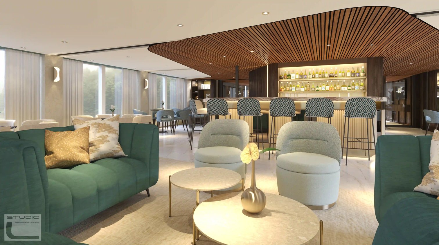 Bar panoramique avec fauteuils élégants, comptoir et vue sur le paysage fluvial