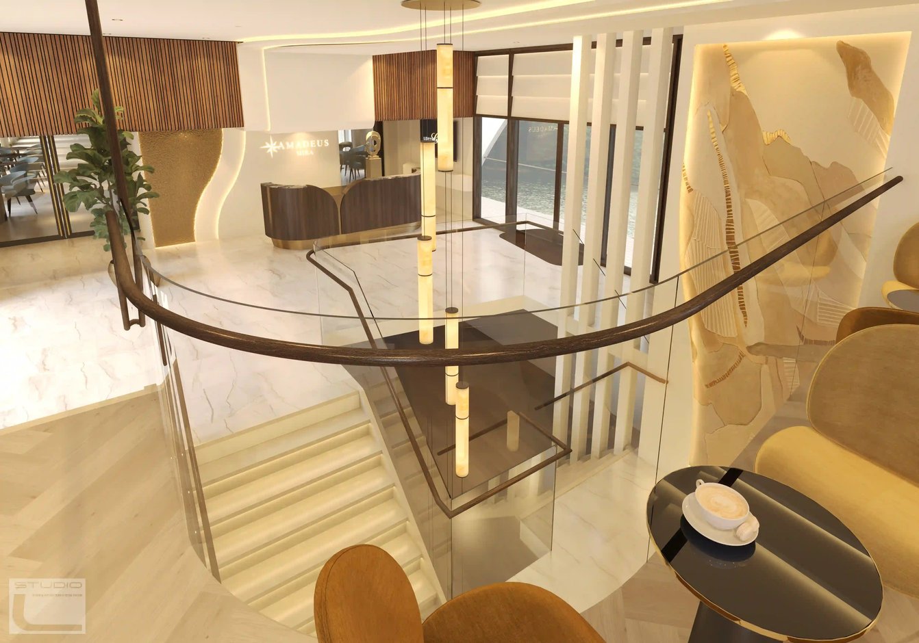 Atrium contemporain avec escalier courbe, garde-corps en verre et espace d’accueil lumineux