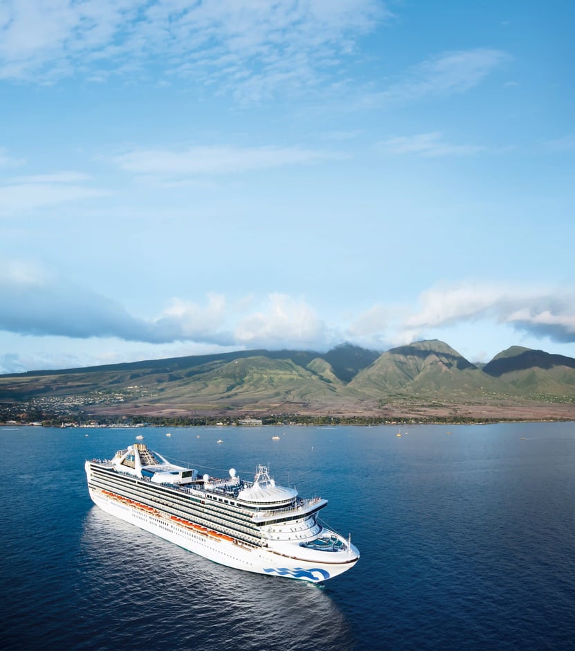 Grosses Kreuzfahrtschiff aus der Luft auf offener See mit Kielwasser