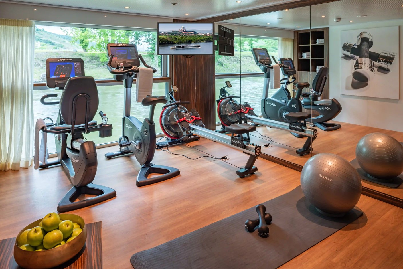 Moderner Fitnessraum an Bord der AMADEUS Star mit Flussblick