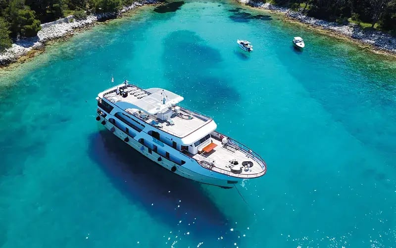 Kreuzfahrtschiff aus der Vogelperspektive auf klarem, blauem Meer
