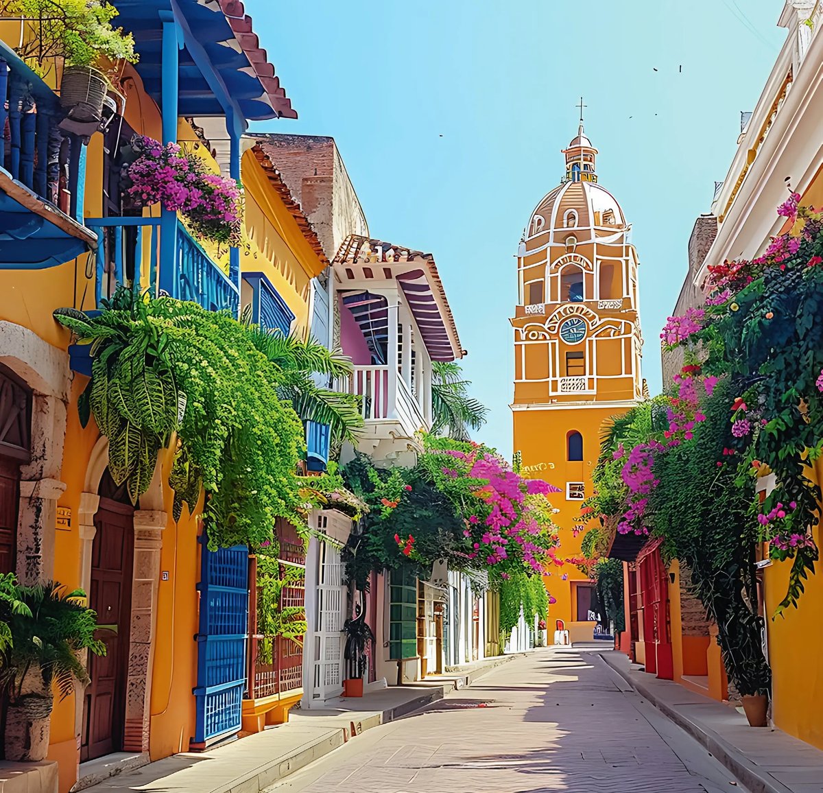 Farbenfrohe Altstadtgasse von Cartagena mit blühenden Balkonen und Kirchturm.