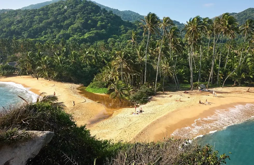 Traumhafter Sandstrand mit Palmen im Tayrona-Nationalpark an der Karibikküste.