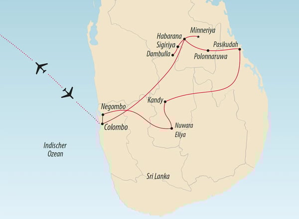 Karte von Sri Lanka mit Reiseroute und wichtigen Stationen wie Kandy, Sigiriya und Colombo.