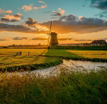 Windmühle in weiter Deichlandschaft bei goldenem Abendlicht