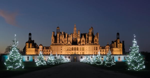 Schloss Chambord in Frankreich festlich beleuchtet mit weihnachtlich geschmückten Tannenbäumen entlang der Zufahrt bei Abenddämmerung.