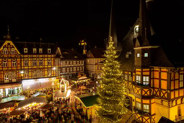 Weihnachtsmarkt in Wernigerode bei Nacht mit beleuchtetem Tannenbaum und Fachwerkhäusern.