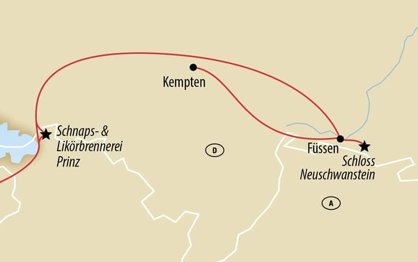 Karte mit Reiseroute von Kempten über Füssen bis zur Schnaps- und Likörbrennerei Prinz sowie zum Schloss Neuschwanstein.