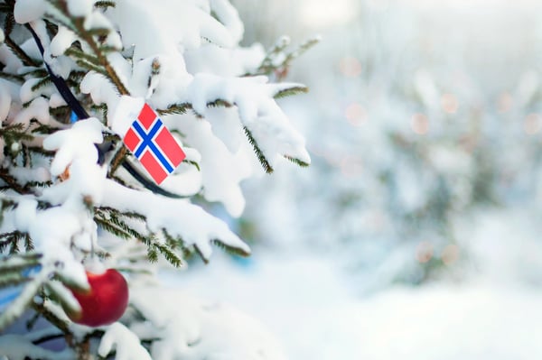 Verschneiter Tannenzweig mit kleiner norwegischer Flagge und roter Kugel vor unscharfem winterlichem Hintergrund.