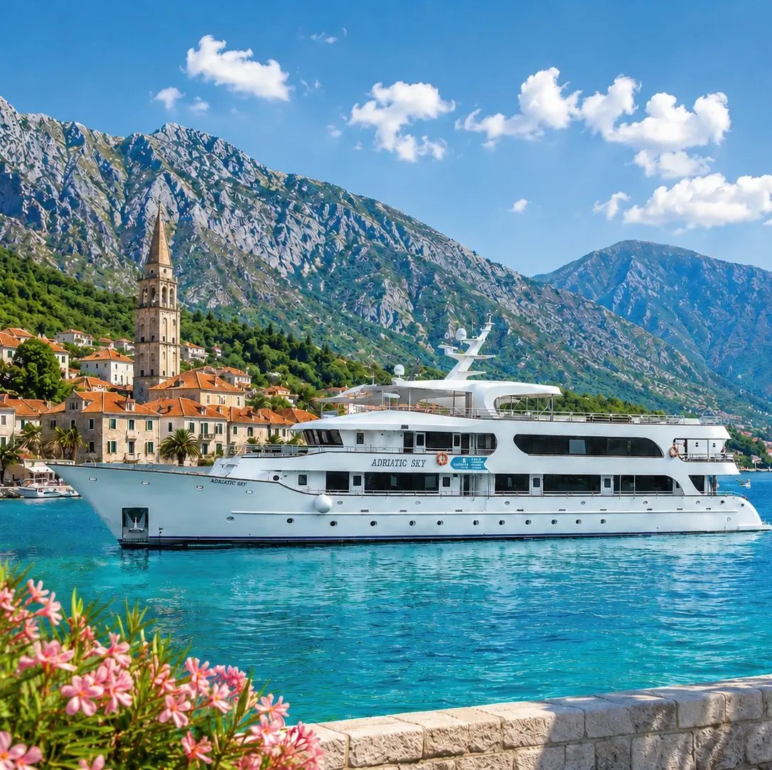 Kreuzfahrtschiff Adriatic Sky vor einer dalmatinischen Kuestenstadt mit Kirchturm, Bergen und klarem Wasser der Adria.