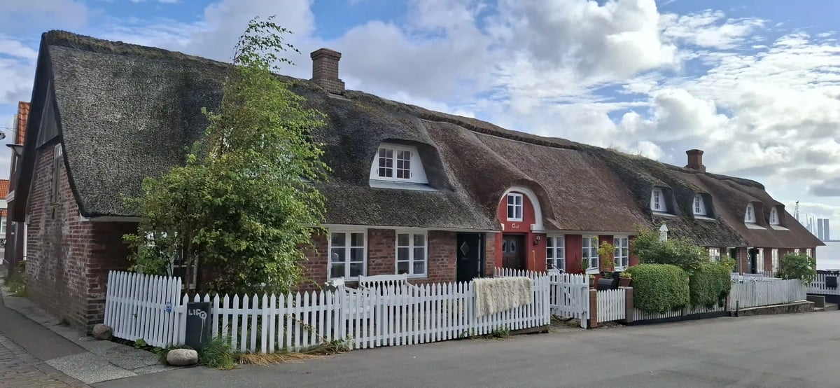 Traditionelle reetgedeckte Backsteinhäuser mit weissen Holzzäunen in Dänemark