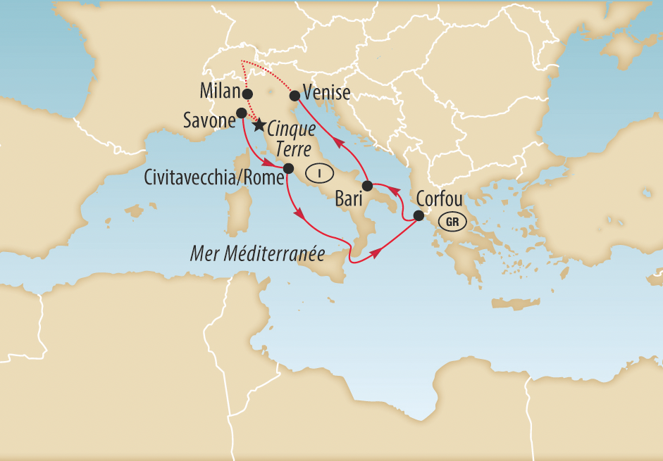 Circuit à travers l'Italie et le pourtour méditerranéen, avec les Cinque Terre, Rome, Bari, Corfou et Venise.