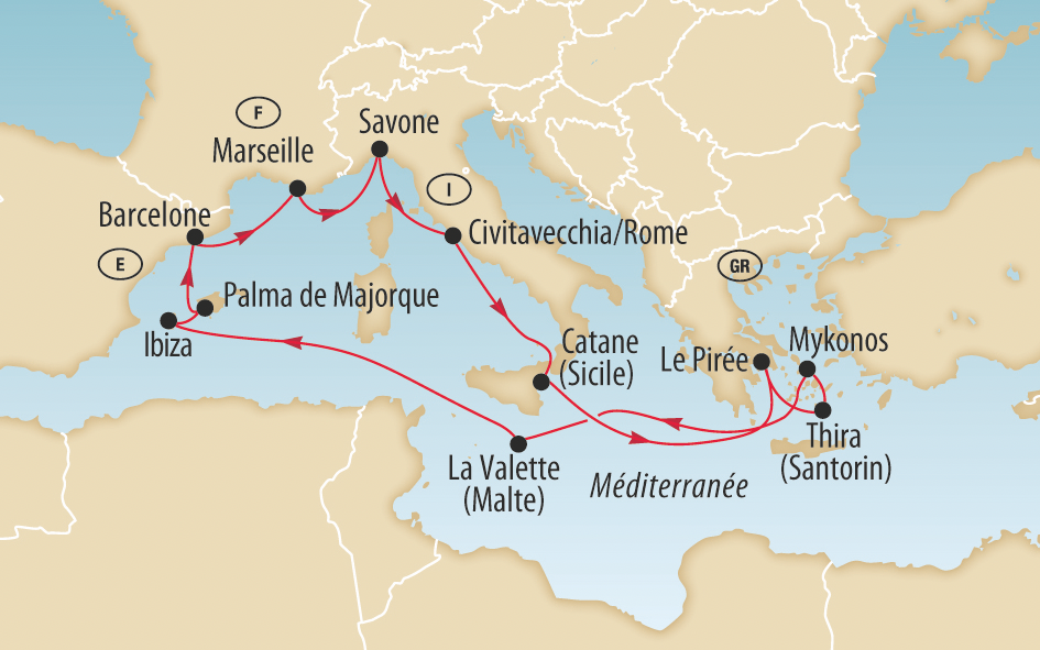 Circuit à travers l'Italie et le pourtour méditerranéen, avec les Cinque Terre, Rome, Bari, Corfou et Venise.