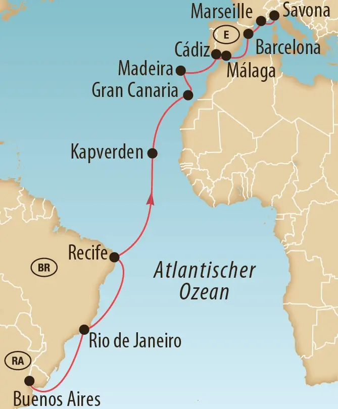 Karte einer Kreuzfahrt Route über Barcelona Málaga Cádiz Madeira Gran Canaria Kapverden Recife Rio de Janeiro und Buenos Aires im Atlantischen Ozean