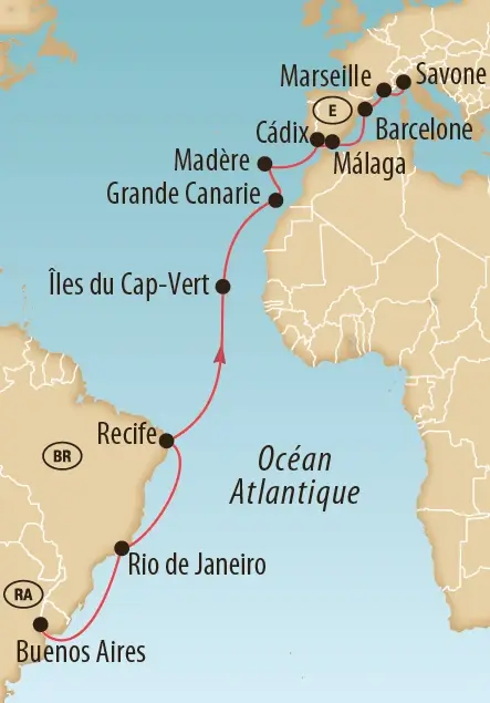 Carte d itinéraire de croisière traversant Barcelone Malaga Cadix Madère Grande Canarie Cap Vert Recife Rio de Janeiro et Buenos Aires dans l océan Atlantique