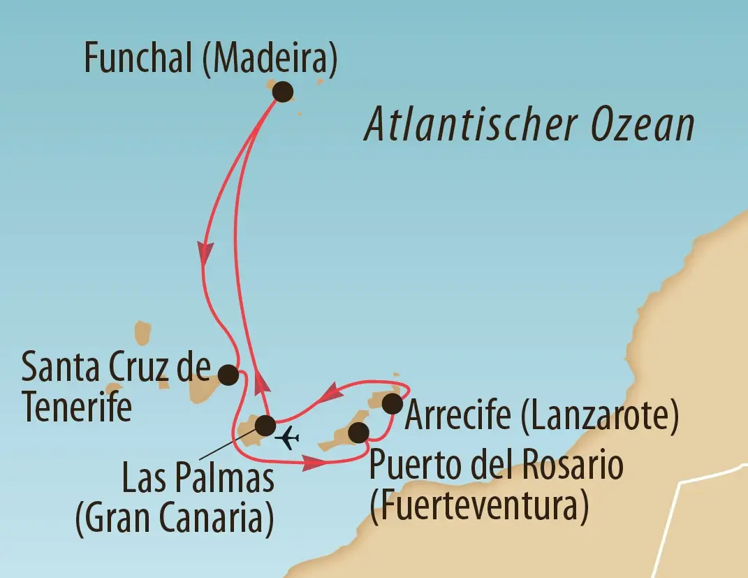 Karte einer Kreuzfahrt Route im Atlantik mit Stationen auf Madeira Teneriffa Gran Canaria Fuerteventura und Lanzarote