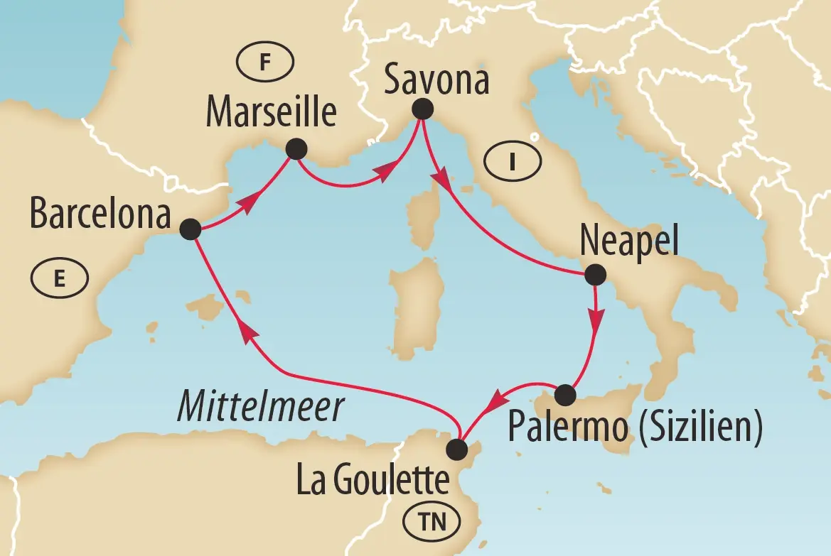 Routenkarte einer Mittelmeer-Kreuzfahrt mit den Stationen Barcelona, Marseille, Savona, Neapel, Palermo und La Goulette.