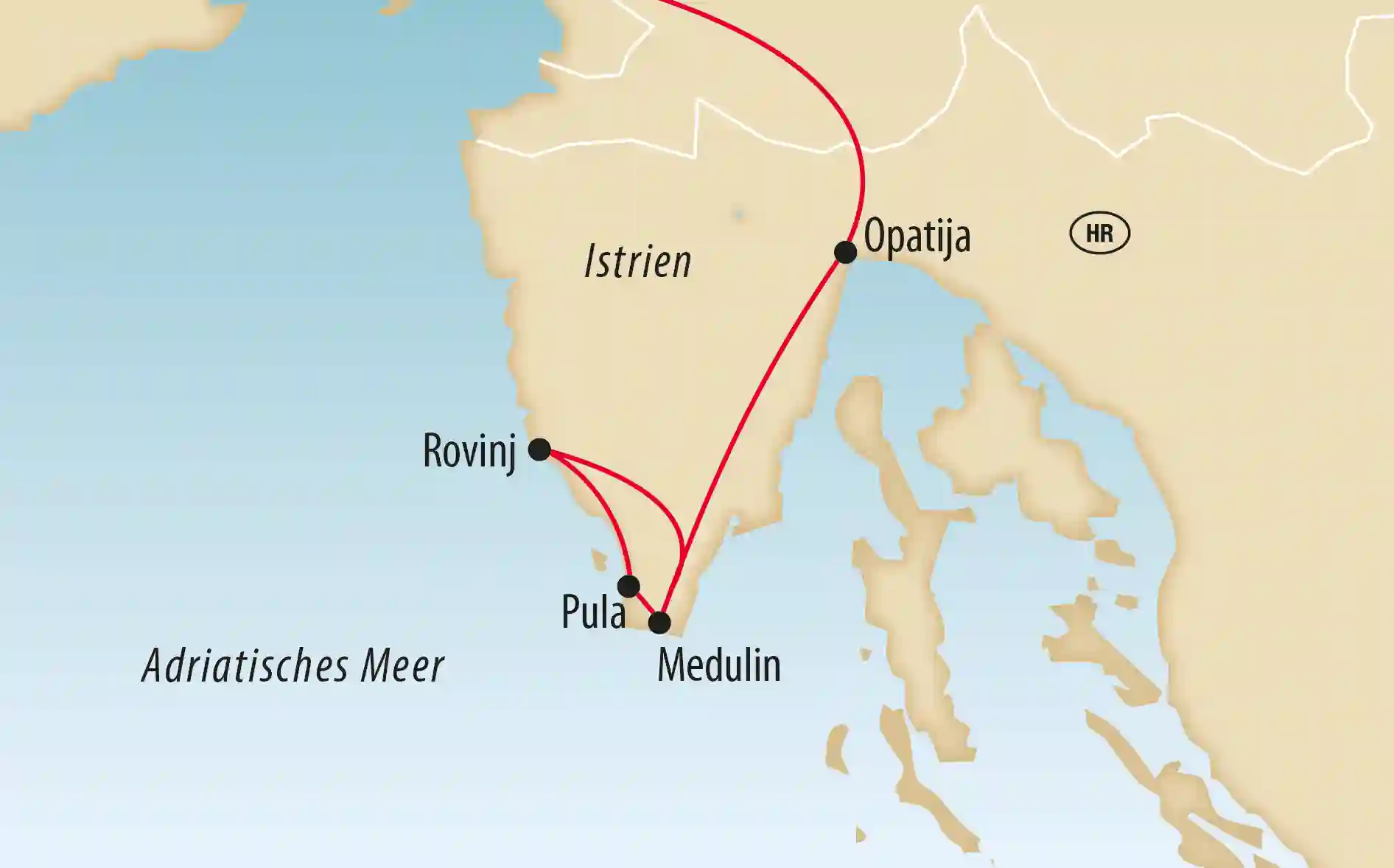Karte der Rundreise durch Istrien mit Opatija, Rovinj, Pula und Medulin