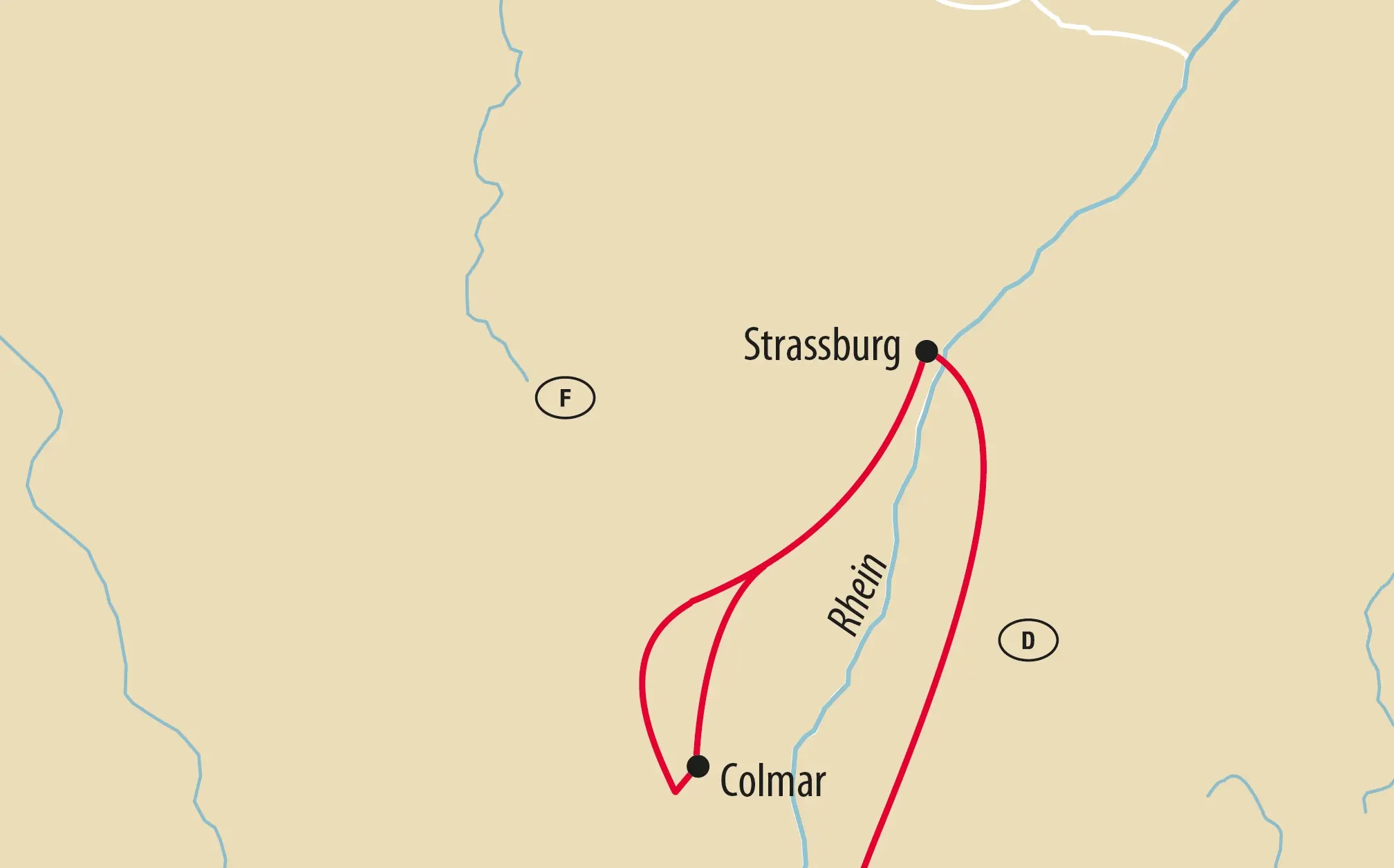 Karte mit Route entlang des Rheins zwischen Strassburg und Colmar im Elsass