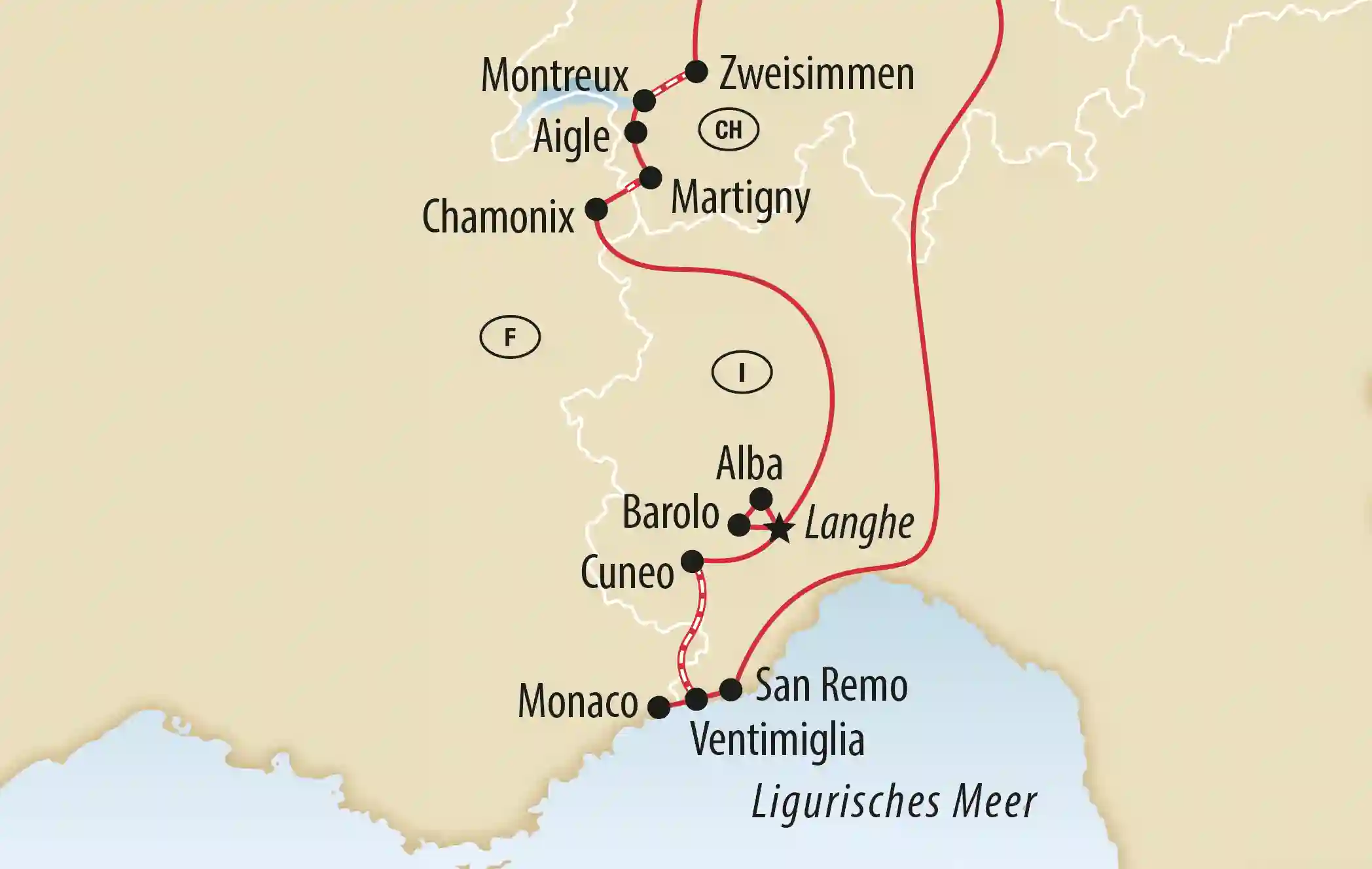 Karte mit Reiseroute durch Italien, die Schweiz und Frankreich mit markierten Orten